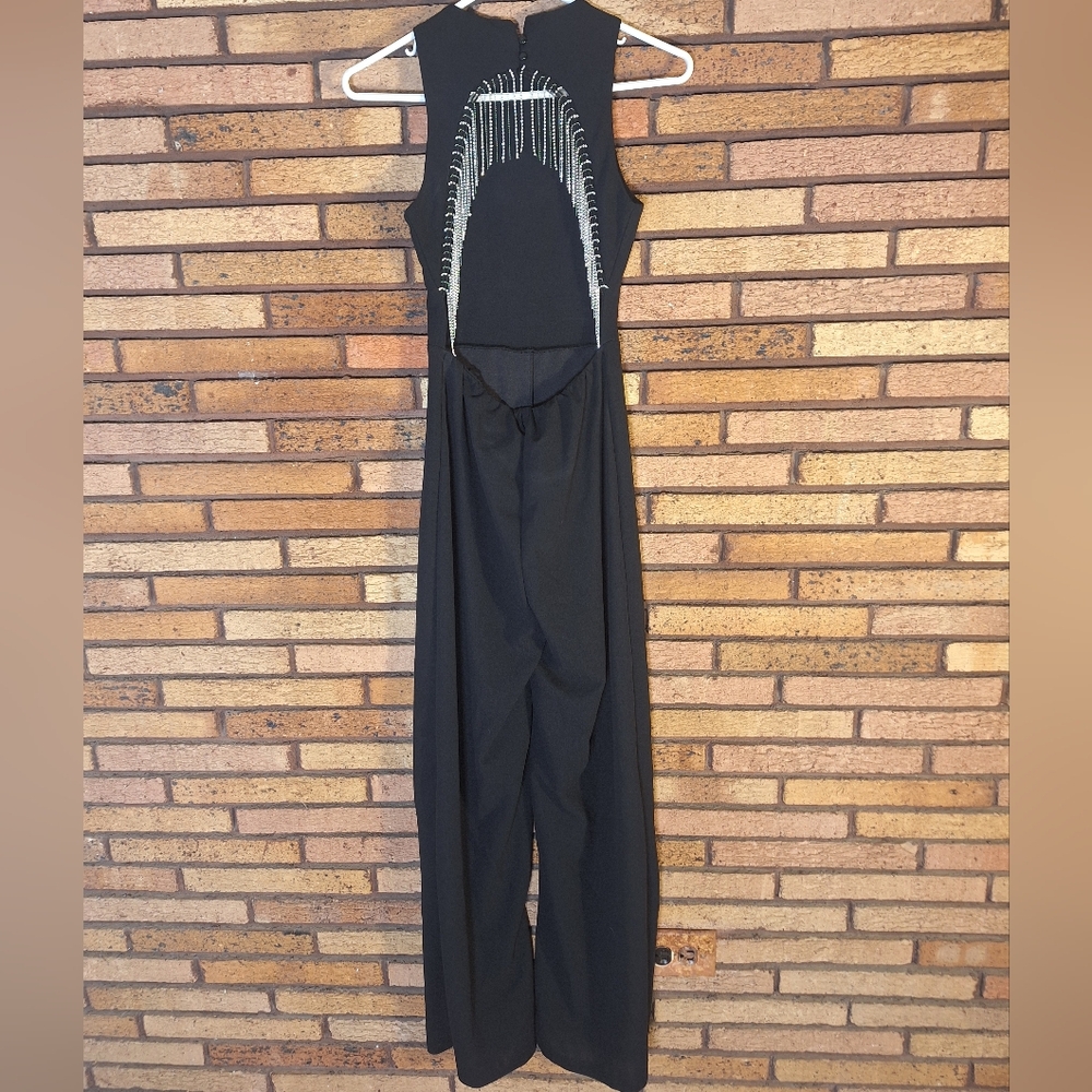 Open Back Rhinestone Fringe Sleevless Back Jumpsuit